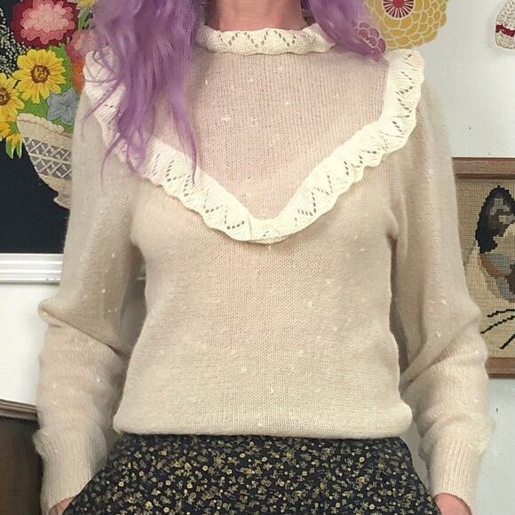 Vintage Cottagecore Sweater, 1970s New Old Stock Victorian Style Sweater Sz XS - Picture 5 of 10